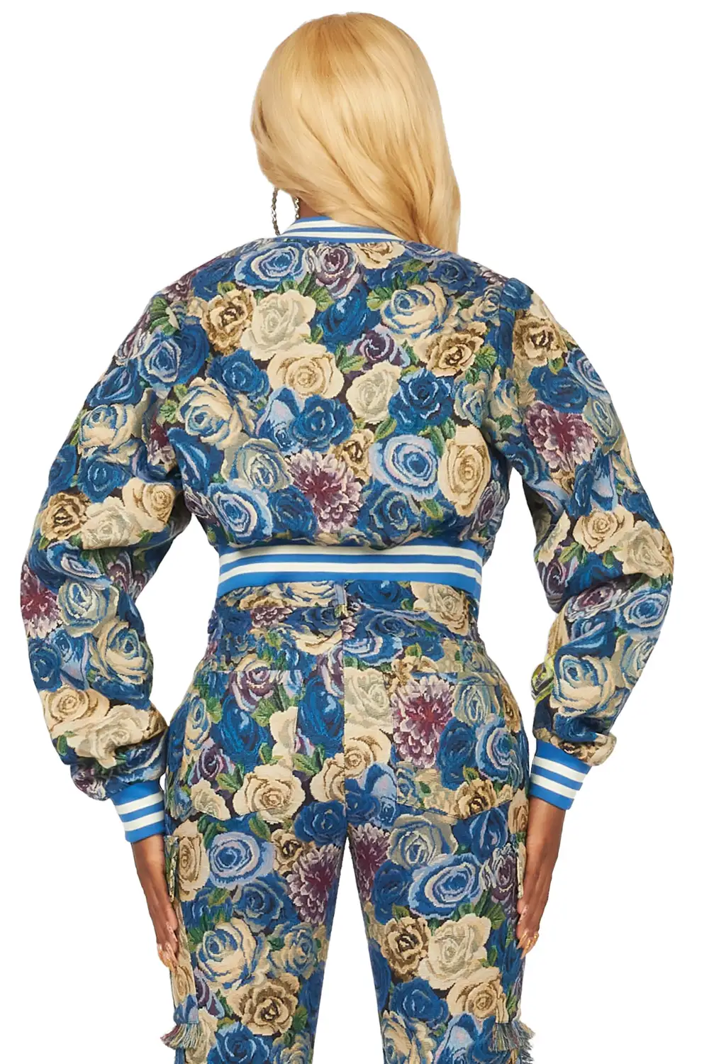 Darresha Blue Crop Tapestry Varsity Jacket