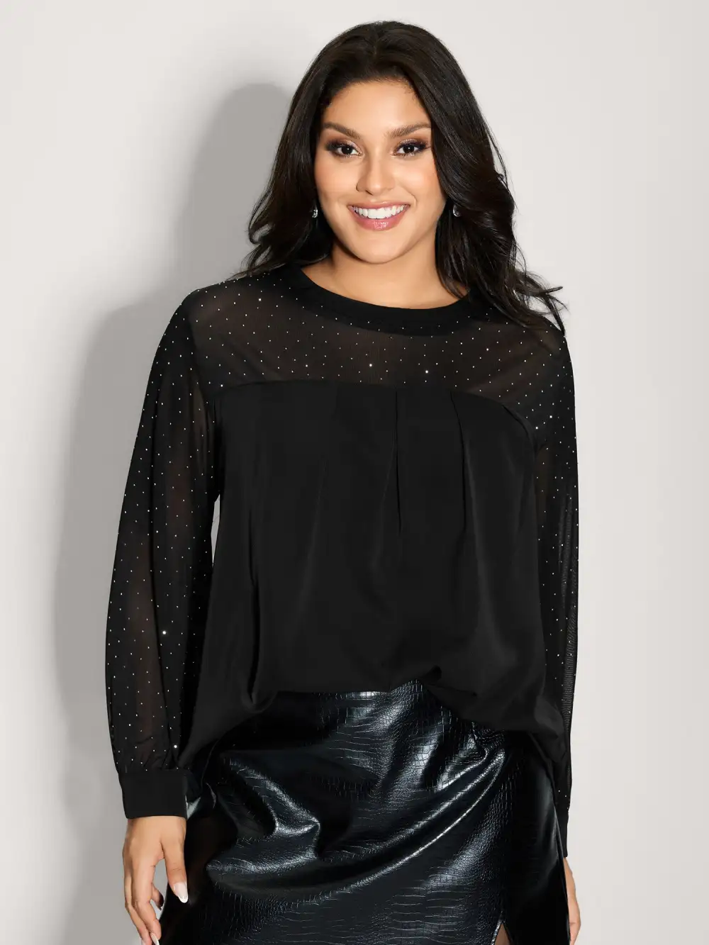 Hotfix Rhinestones Sheer Blouse