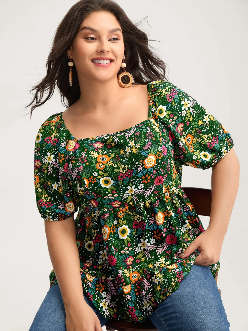 Floral Square Neck Fit and Flare Blouse