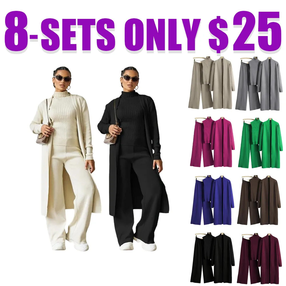 Trendy Knit Turtle Neck Tank & Wide Leg Trousers With Open-Front Long Cardigan Three-Piece Sets