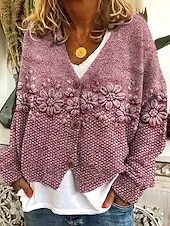 Women's Coat Casual Jacket Warm Comfortable Print Fashion Modern Casual Floral Going out Weekend Single Breasted Regular V Neck Regular Fit Long Sleeve Outerwear Yellow Pink Dark Pink Fall Winter