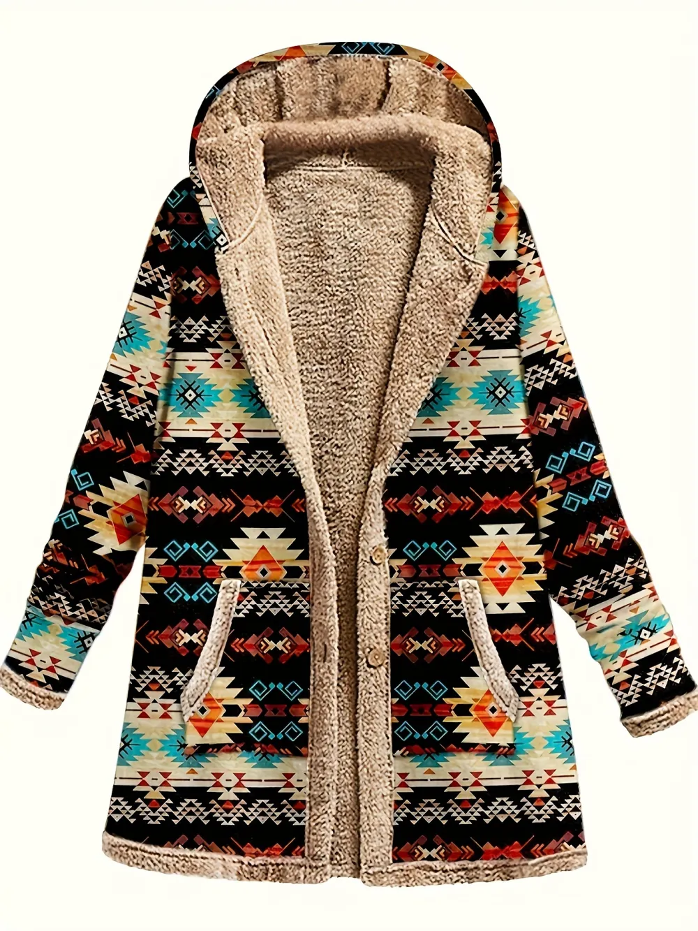 Vibrant Geo Print Hooded Jacket - Soft, Casual, Long Sleeve, Button Front, Pockets, Fall & Winter Essential - Women's Stylish Clothing for Everyday Wear