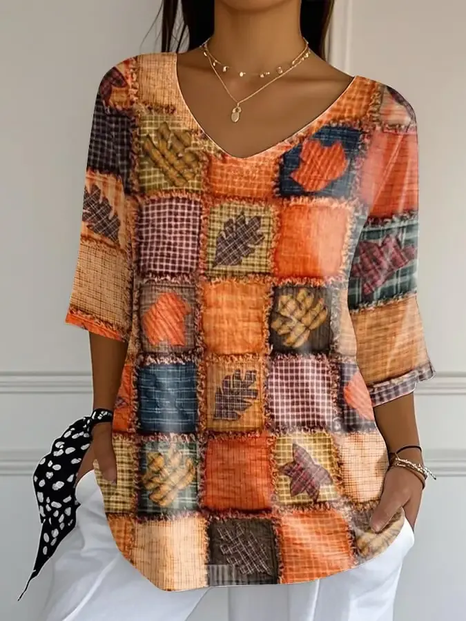 Women's Fall Faith Print Casual V-Neck T-Shirt