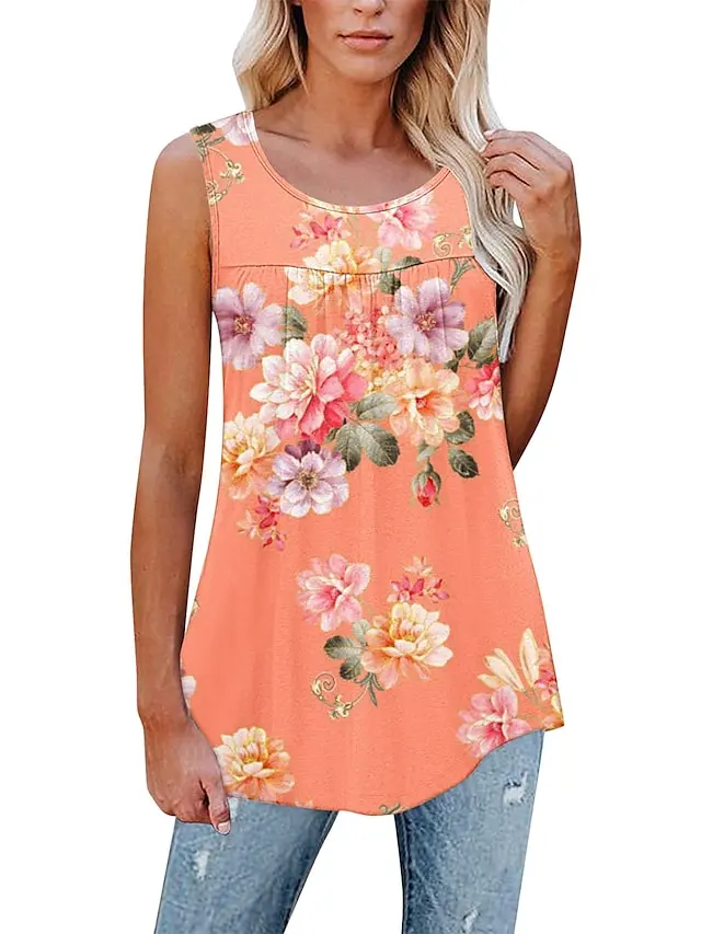 Women's Tank Top Black White Pink Floral Print Sleeveless Casual Holiday Basic Round Neck Regular Floral S
