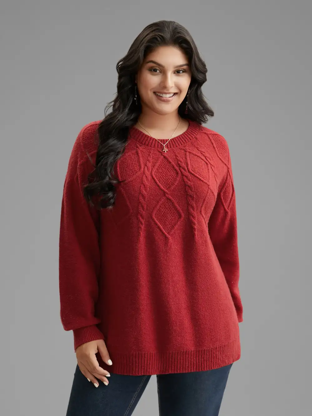 Cable Knit Bodice Crew-Neck Pullover
