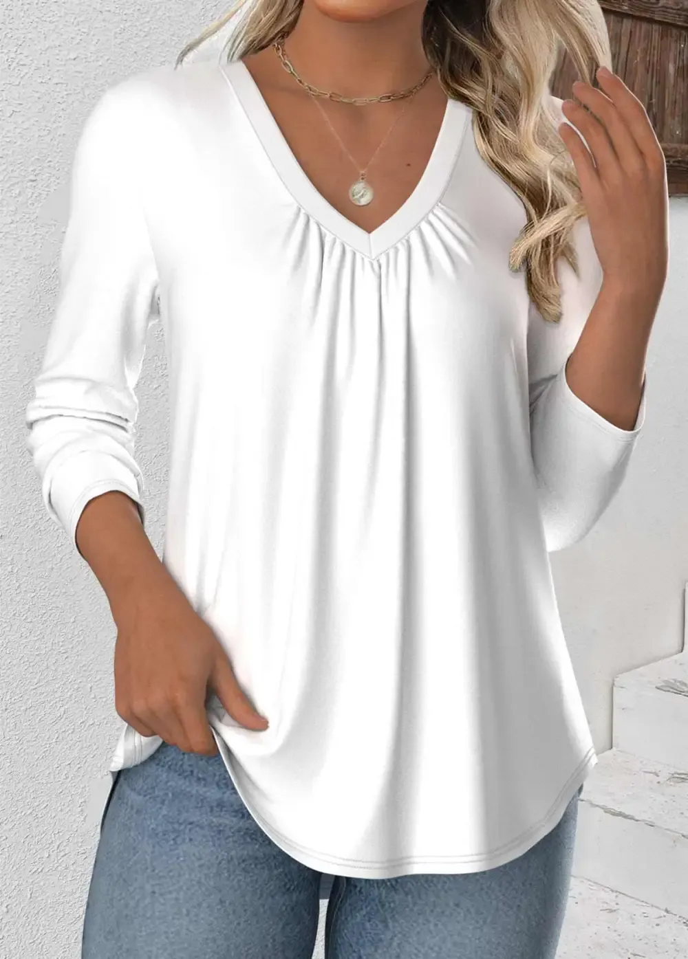 White Long Sleeve V Neck T Shirt