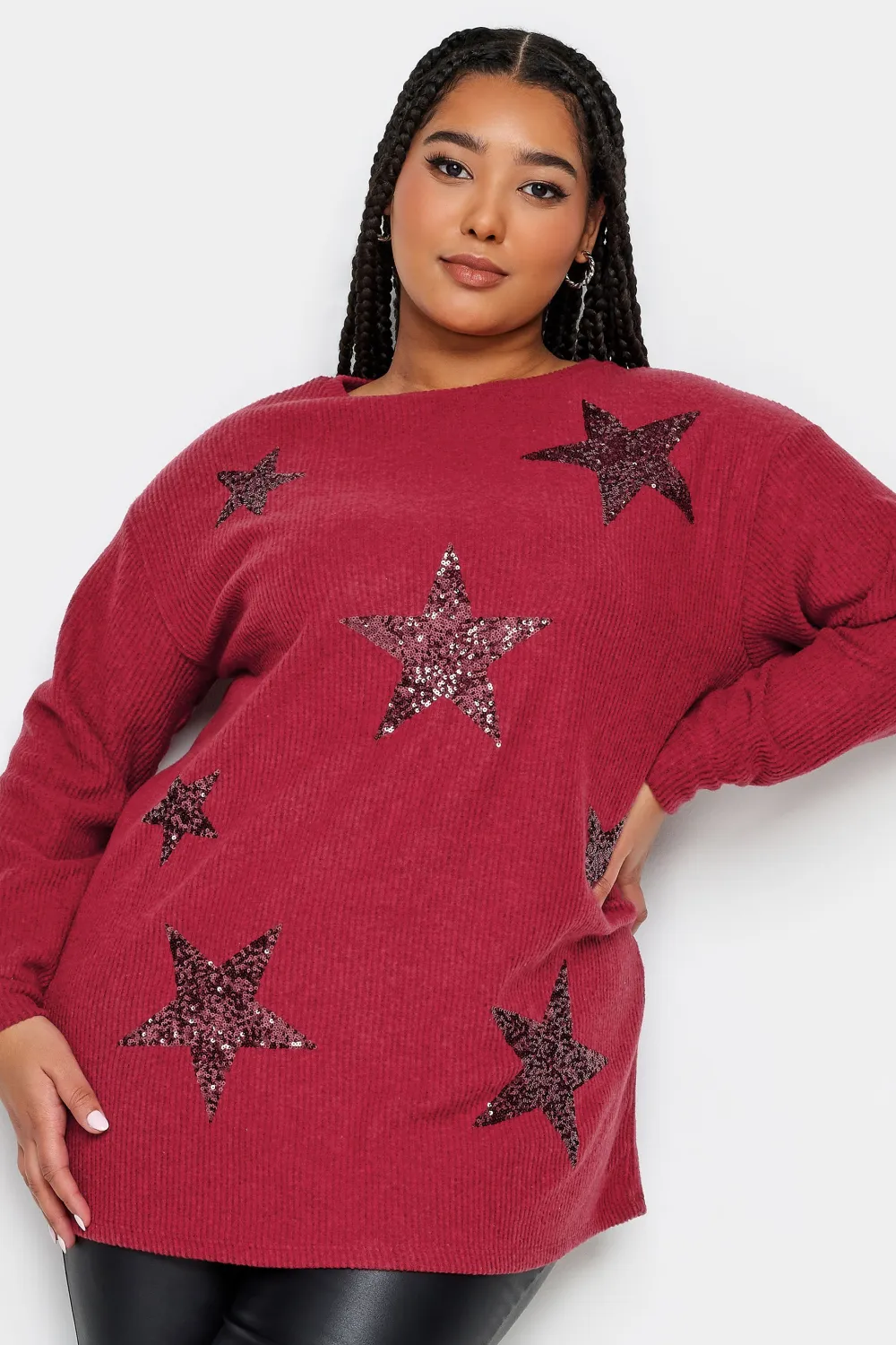 YOURS Curve Red Sequin Star Soft Touch Top