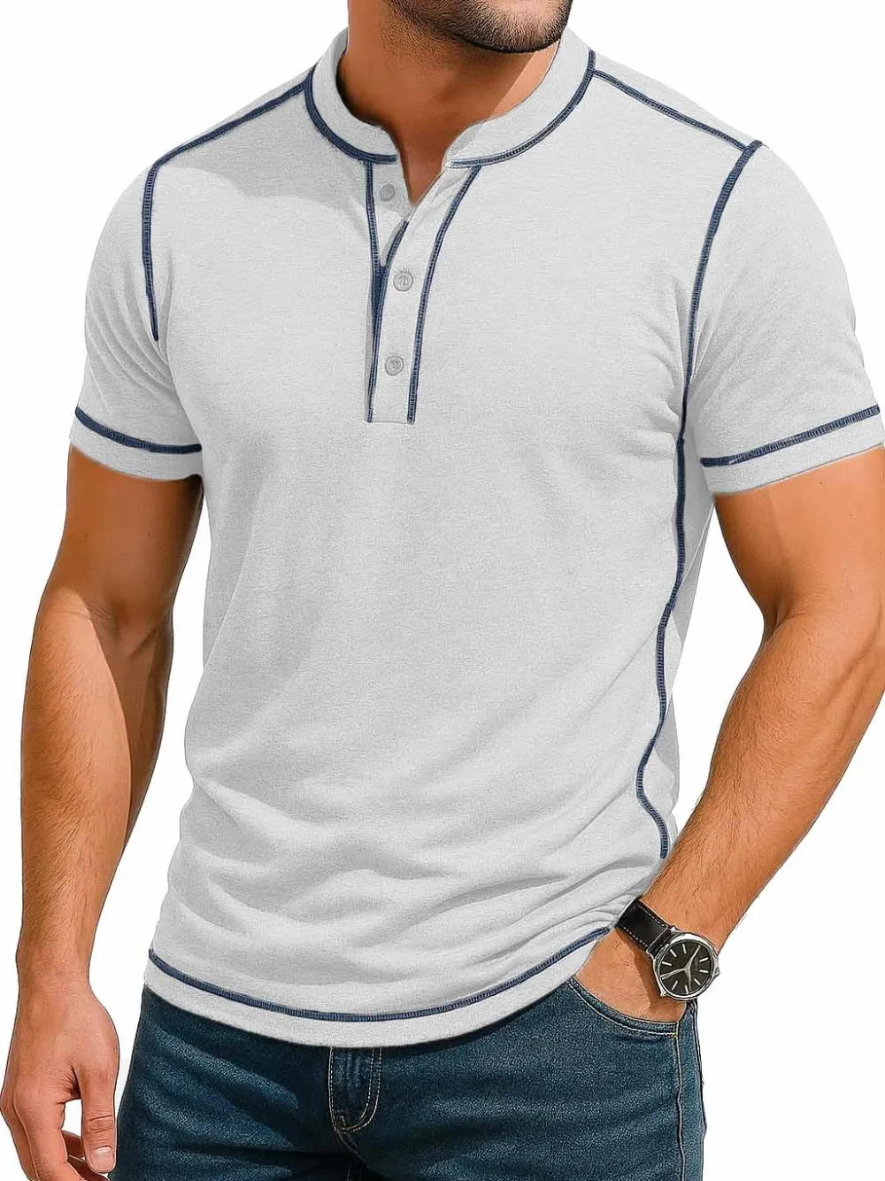 Men's Fashion Retro Contrast Color Line Short Sleeve Henley Shirt 