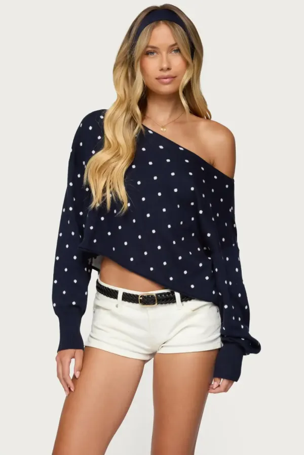 Oversized Off Shoulder Polka Dot Sweater