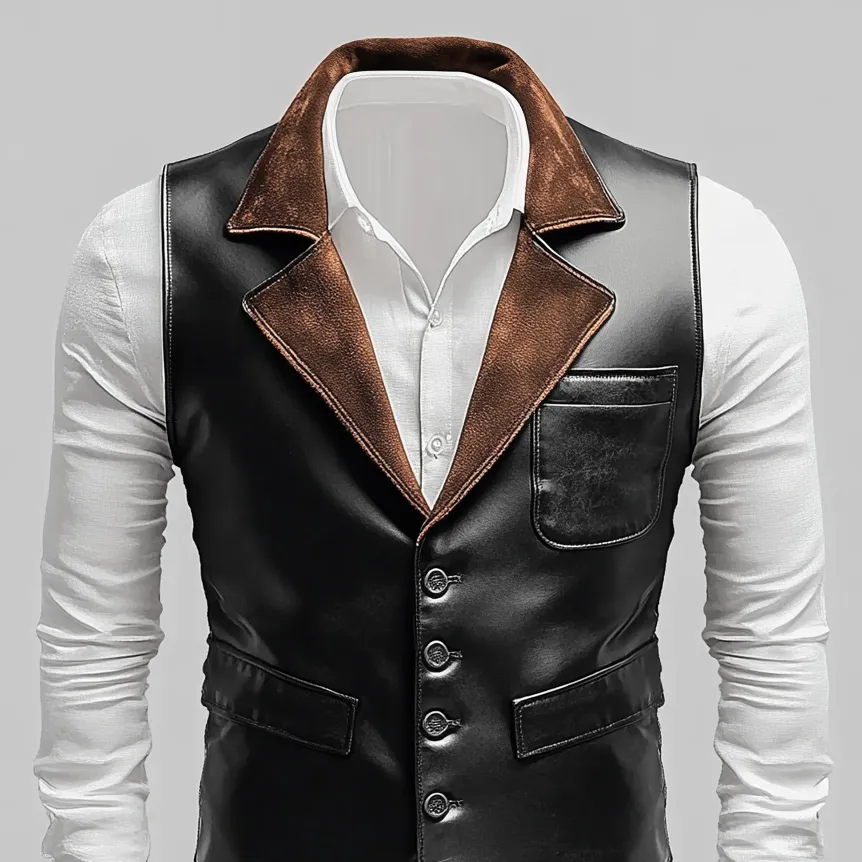 Men's PU Leather Contrast Notch Lapel Single Breasted Chest Pocket Vest