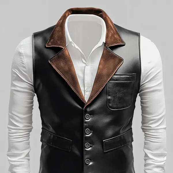 Men's PU Leather Contrast Notch Lapel Single Breasted Chest Pocket Vest