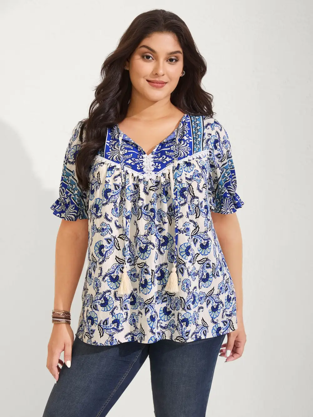 Boho Floral Print Neck Tassels Blouse