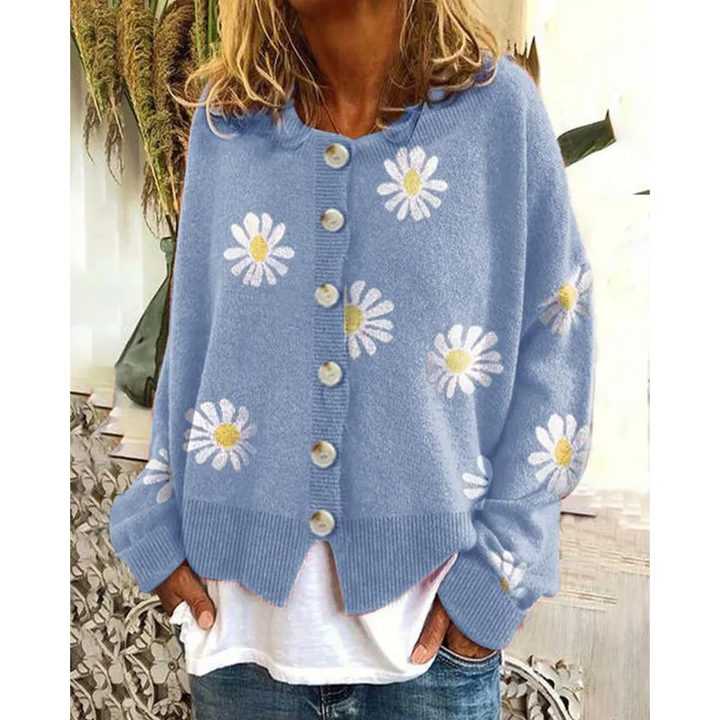 Casual Small Daisy Print Knitted Cardigan