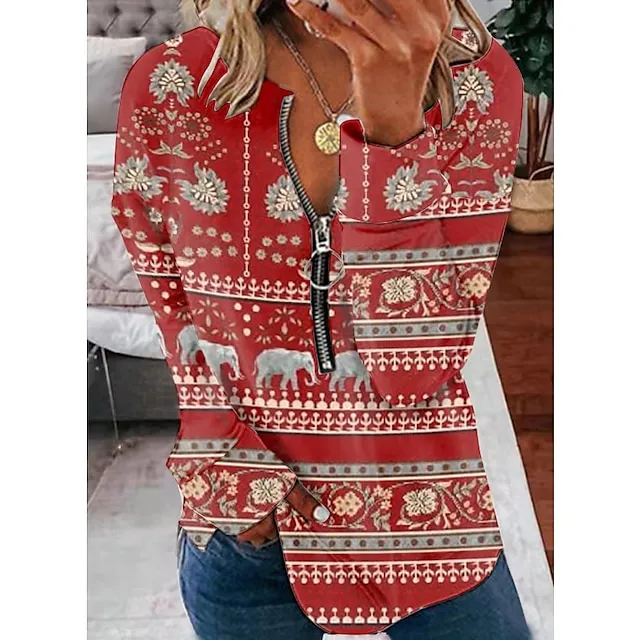 Women's Sweatshirt Pullover Active Vintage Streetwear Quarter Zip Print Black Yellow Red Floral Daily Sports V Neck Long Sleeve Without Lining Micro-elastic Fall & Winter