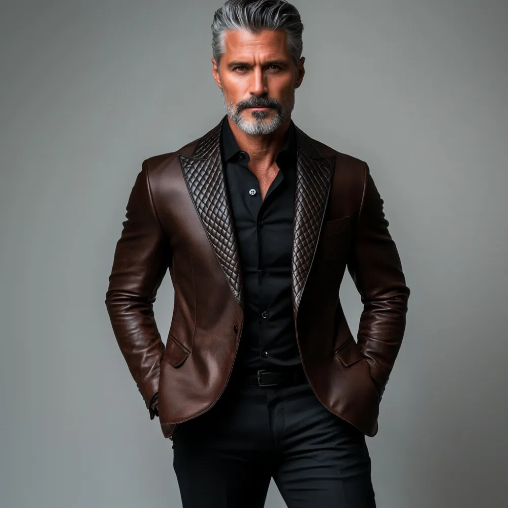 Men's Business Quilted Peak Lapel One Button Long Sleeve PU Leather Blazer