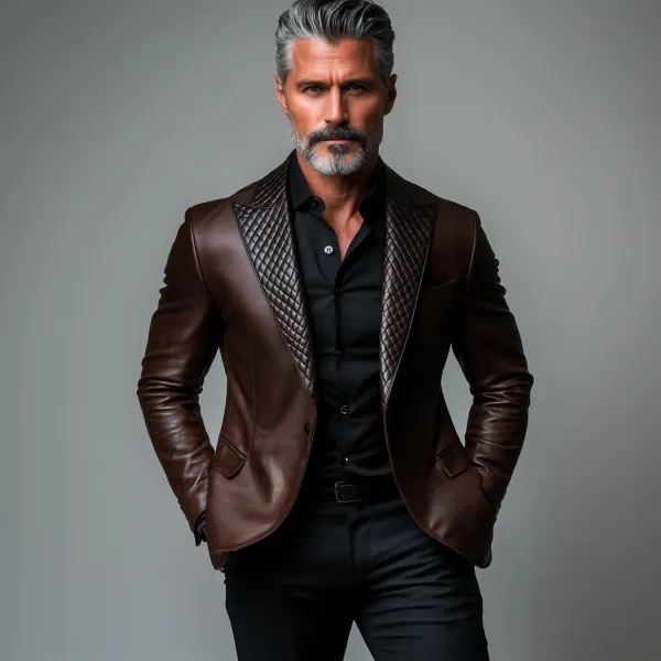 Men's Business Quilted Peak Lapel One Button Long Sleeve PU Leather Blazer