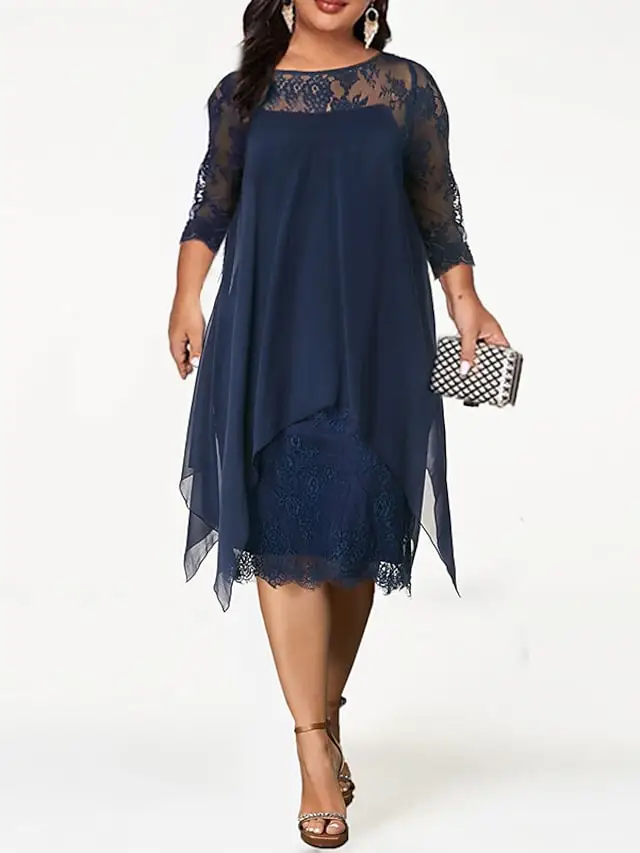Women's Plus Size Party Dress Solid Color Crew Neck Lace 3/4 Length Sleeve Spring Summer Casual Prom Dress Midi Dress Party Work Dress / Lace Dress / Homecoming Dress