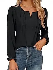 Women's Blouse Solid Color Elegant Daily Stylish Long Sleeve Puff Sleeve V Neck Regular Tops Work Daily Holiday Black Pink Summer Spring Fall