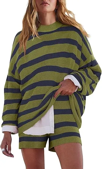 Womens Oversized Lounge Sets 2 Piece Outfits Striped Matching Pajama Set Long Sleeve Sweater Set