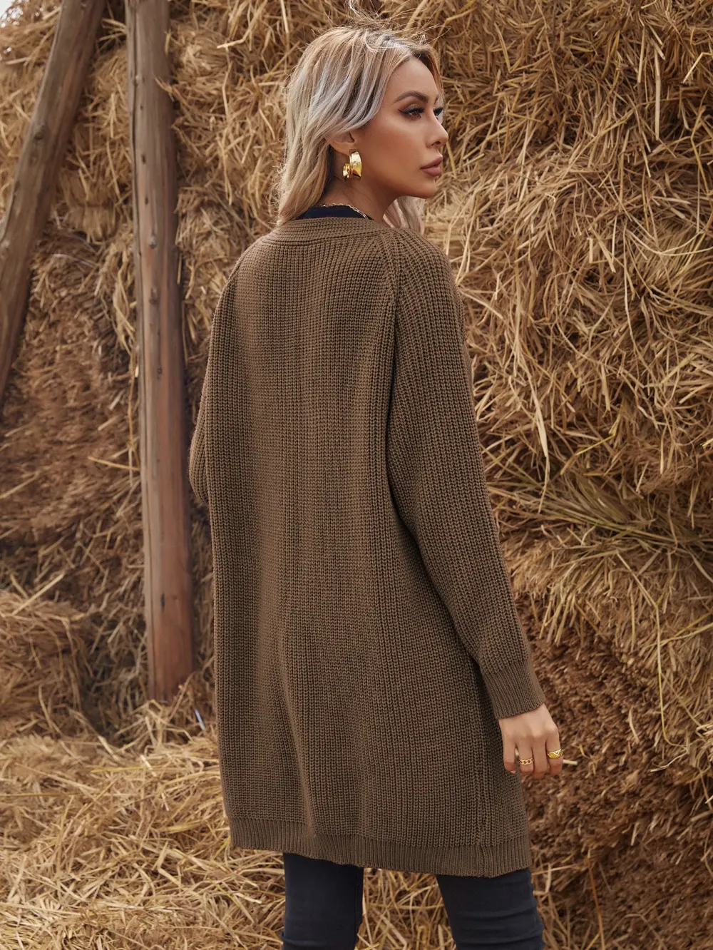 Solid Raglan Sleeve Open Front Cardigan