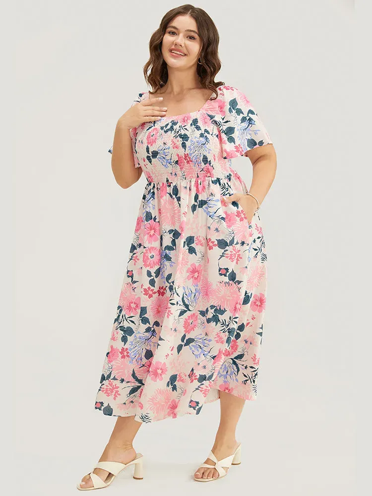 Floral Backless Shirred Square Neck Pocket Ruffle Hem Dress