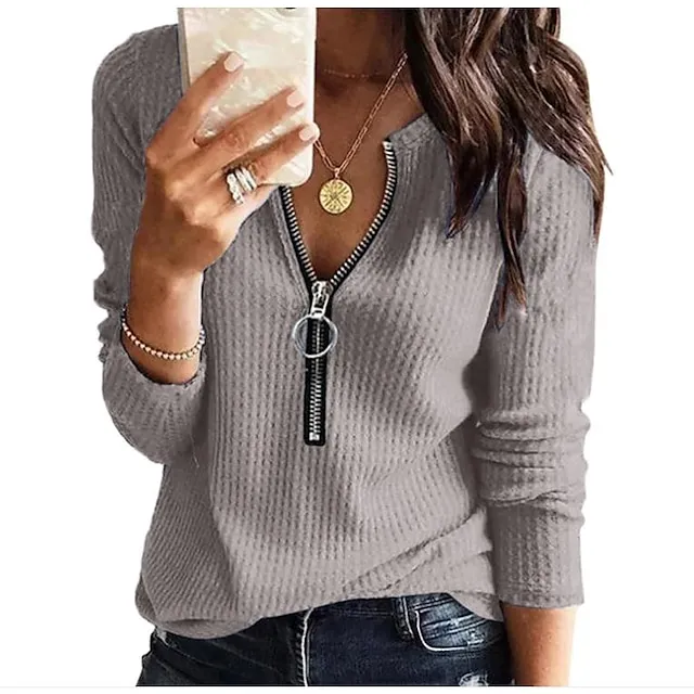 Blouse Women's Olive Green Denim Blue Black Solid / Plain Color Zip Up Daily Basic S