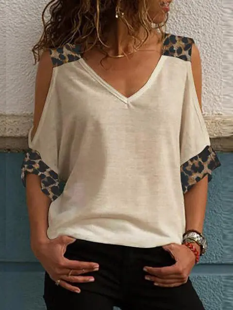 Leopard Print V-neck Cold Shoulder Tops