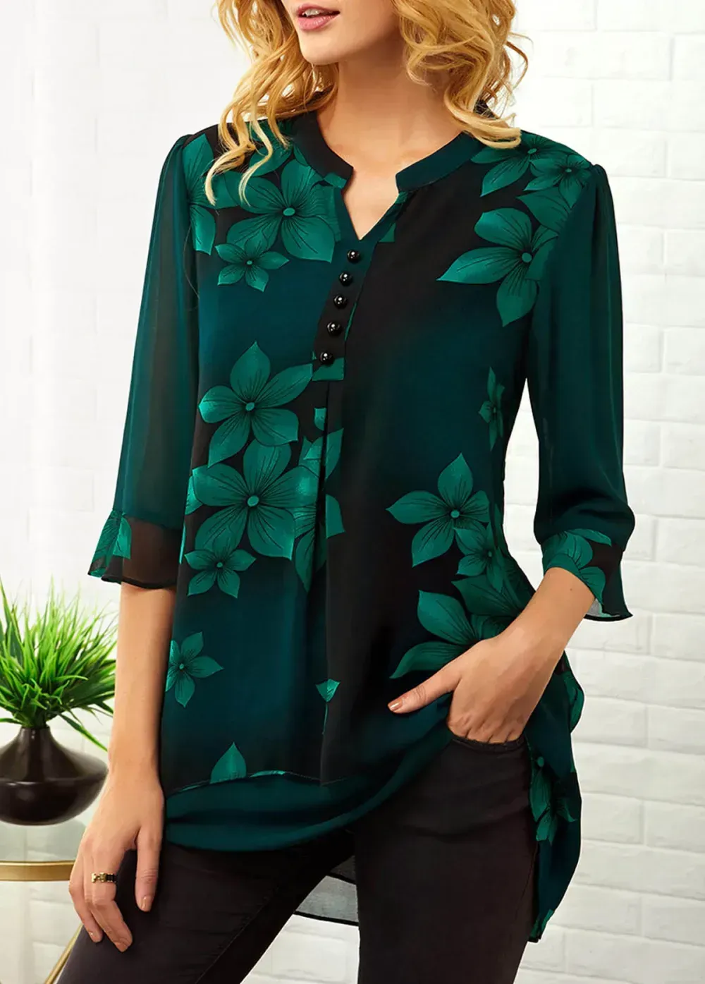 Split Neck Large Floral Print Button Detail Blouse