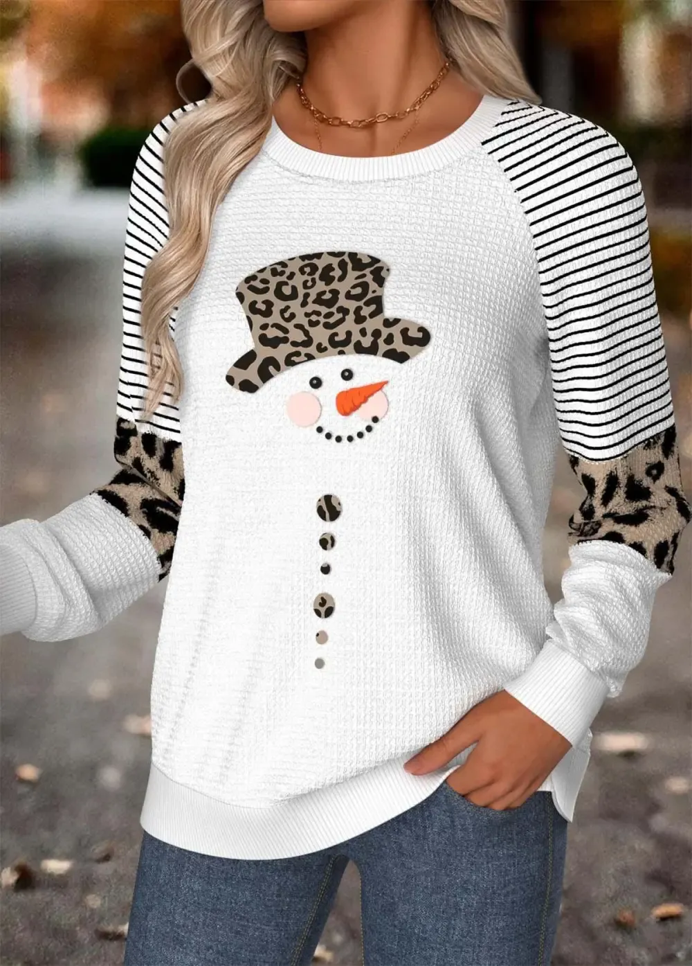 White Tummy Coverage Snowman Print Long Sleeve Sweatshirt