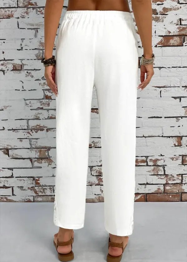 White Pocket Straight Leg Elastic Waist High Waisted Pants