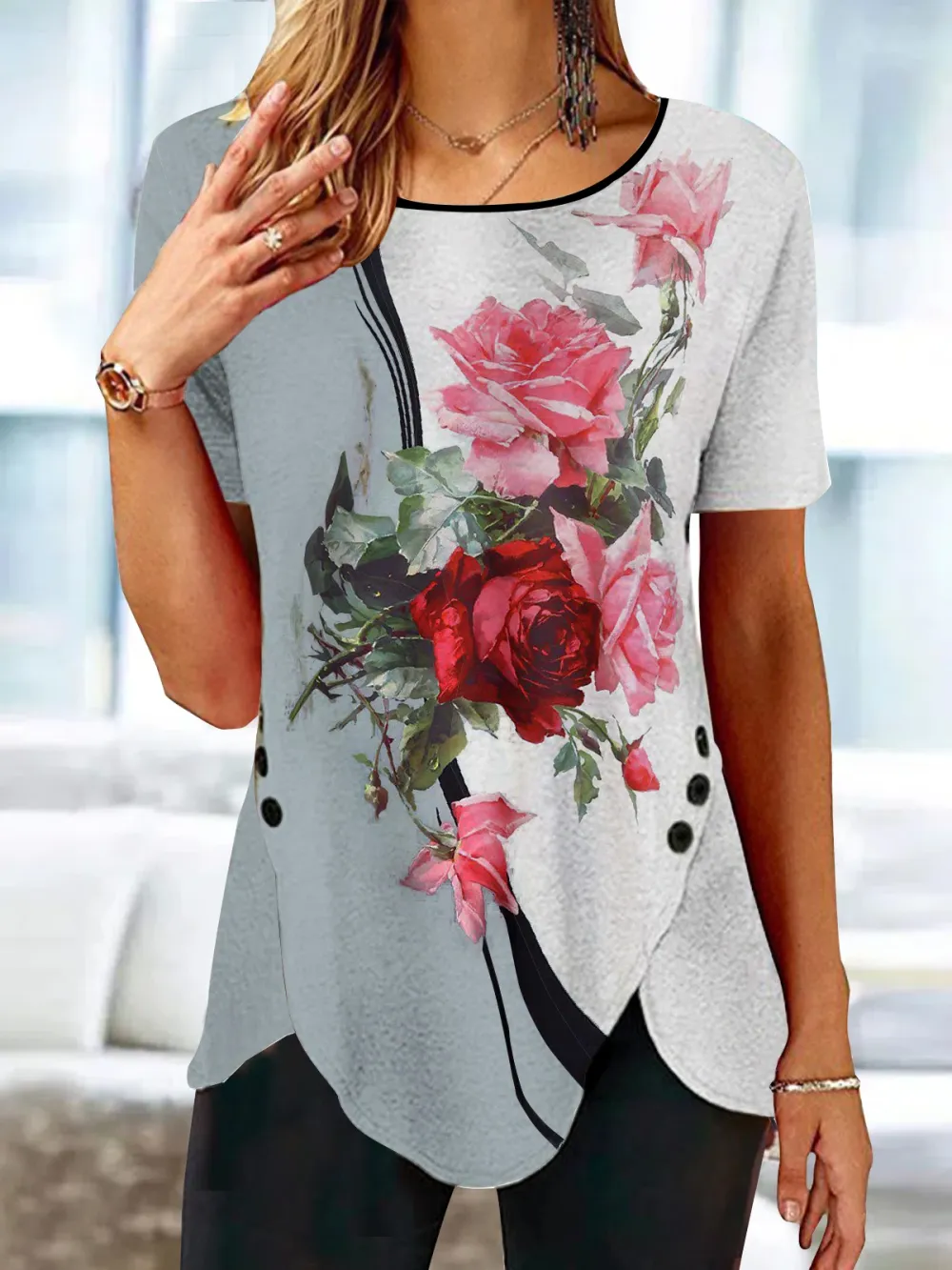 Crew Neck Floral Casual Color Block Irregular Hem Knitted T-shirt Tunic Top