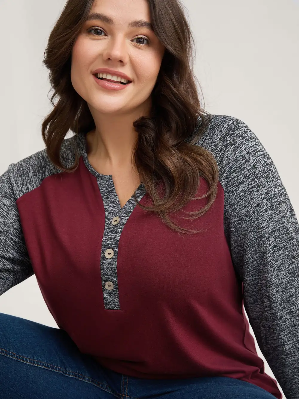 Heather Patchwork Button Detail Stretchy T-Shirt