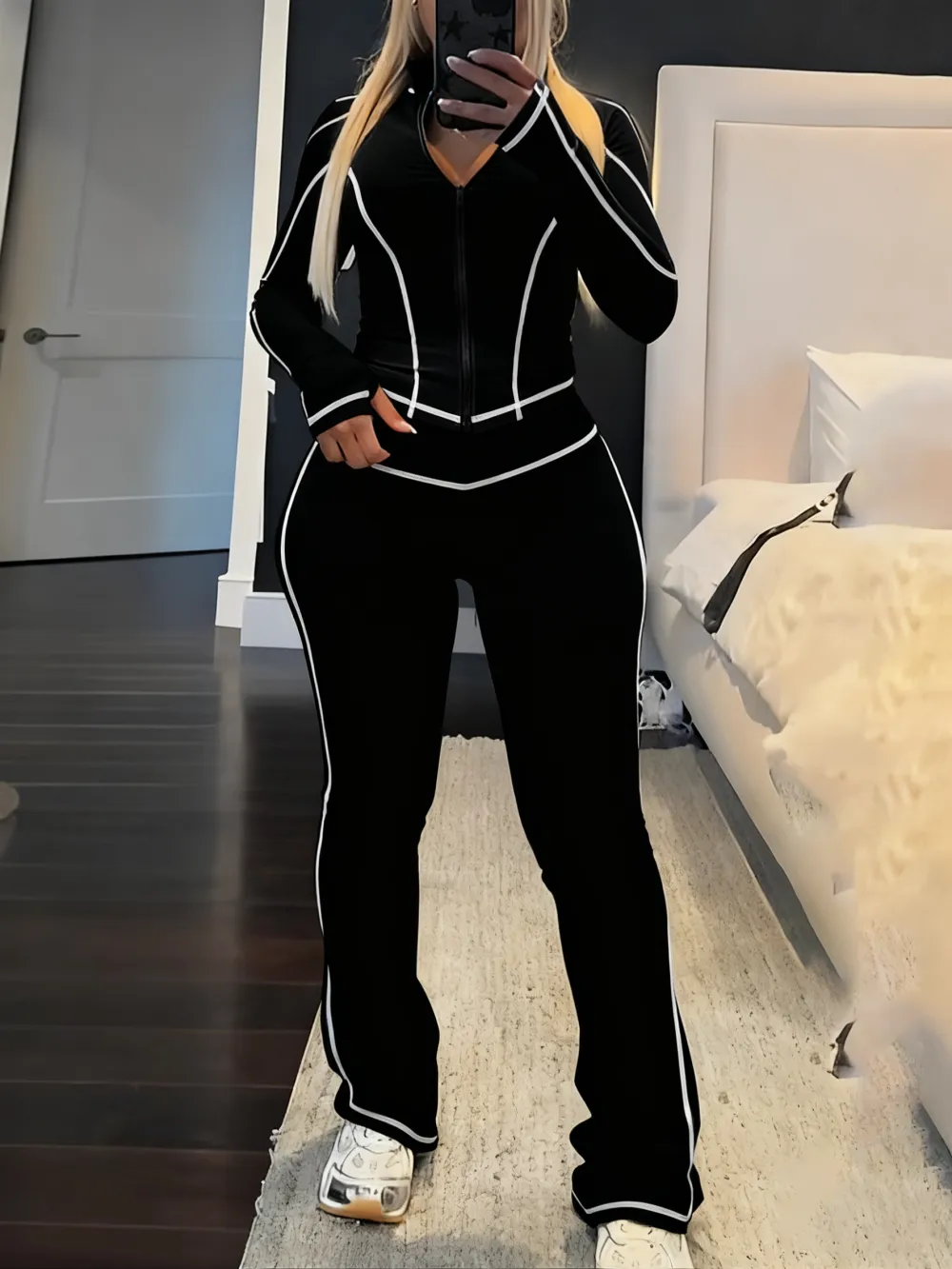 Women's Fall/Winter 2-Piece Set: Striped Zip-Up Jacket + High-Waist Pants (Long-Sleeve)