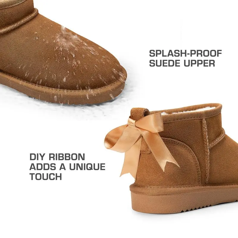 Women's Ankle Winter Mini Boots: Genuine Suede, Faux Fur Lining, Water Resistant, Warm, Slip On, Memory Foam, Fuzzy Classic