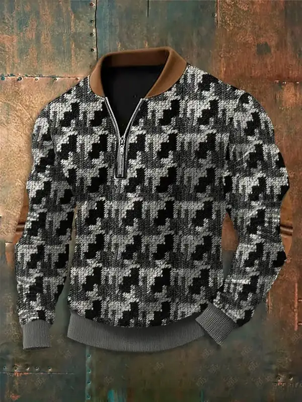 Men's Western Retro Texture Knit Printed Sweatshirt