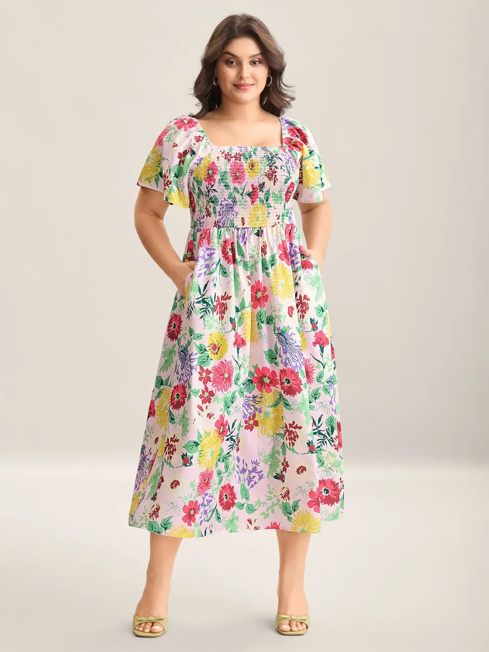 Floral Shirred Square Neck Pocket Midi Dress