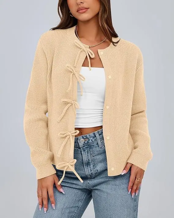 Cardigan Sweaters for Women Trendy 2025 Fall Open Front Long Sleeve Button Down Bow Knot Cropped Lady Jacket