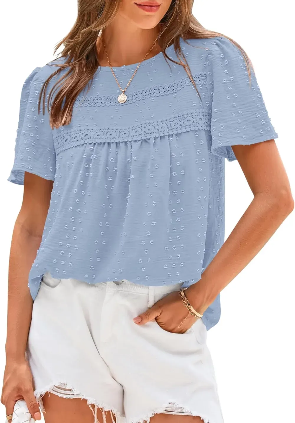 ✨Women's Swiss Dot Lace Crochet Crewneck Boho Short Sleeves