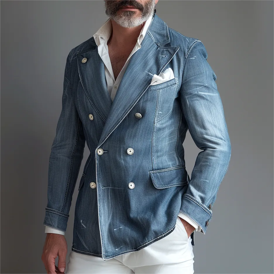 Men's Washed Denim Double Breasted Peak Lapel Blazer