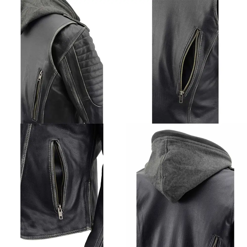 Leather MLL2516 Black Leather Rub-Off Leather Jacket with Hoodie for Women