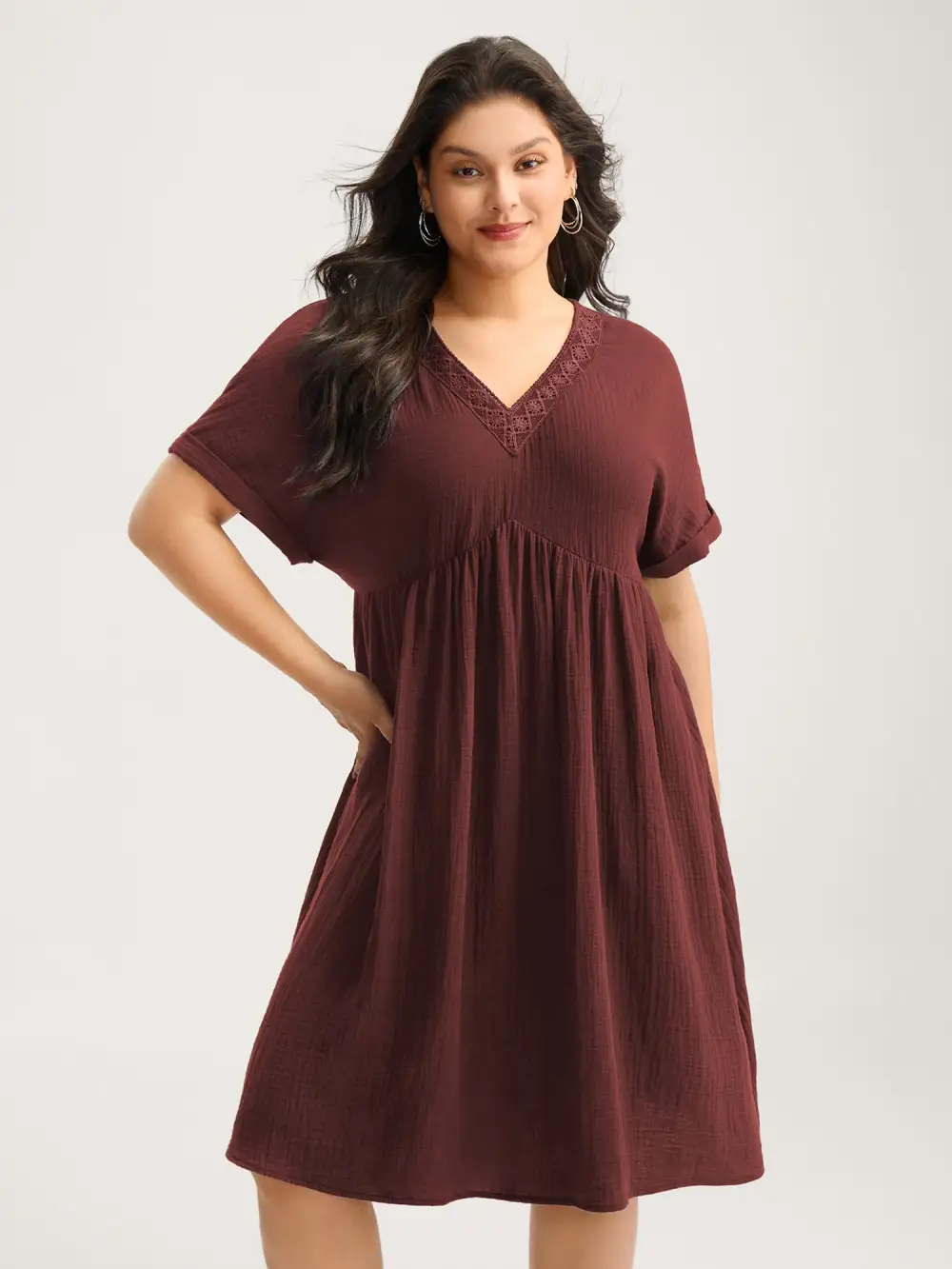 Pure Cotton Lace V-Neck Solid Midi Dress