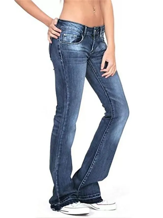 Women‘s Flare Low Rise Jeans Pants Bootcut Full Length Denim Pocket Stretchy High Waist Casual Daily  Navy Blue Light Blue S M