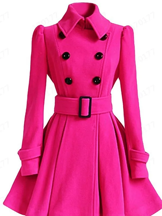 Women's Winter Coat Long Overcoat with Belt Christmas Party Xmas Wear Dress Coat Warm Double Breasted Pea Coat Fall Trench Coat Red Black Khaki Elegant Outerwear Casual Jacket