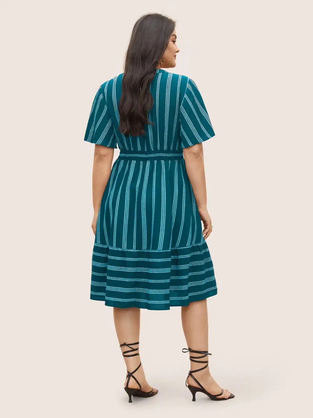 Striped Patchwork Tassels Ties Shirred Dress