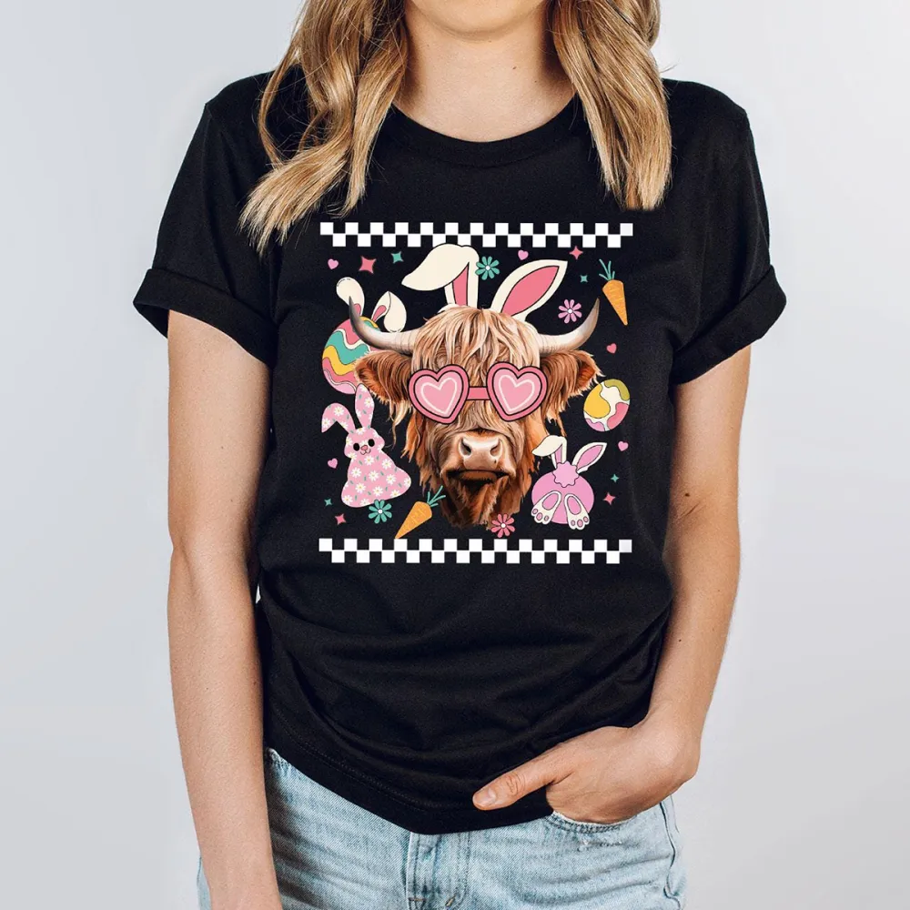 Easter Bunny Highland Cow Eggs Printed Round Neck Short Sleeve T-Shirt