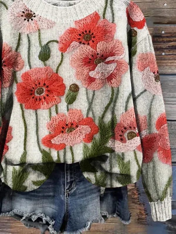 Casual Regular Fit Floral Knitted Sweater