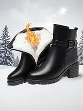 Women's Black Leather Ankle Boots - Warm Fur Lined Mid Heel Winter Booties with Side Zipper and Buckle for Cold Weather, Work & Outdoor Wear