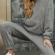 Cozy Solid Teddy Two-Piece Set - Long Sleeve Kangaroo Pocket Hooded Tops, Warm & Comfortable Long Length Pants Outfits for Women