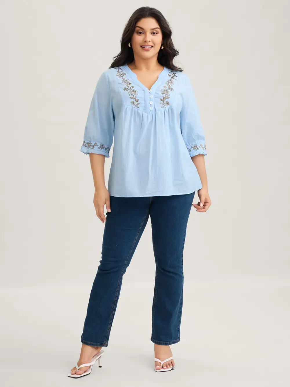 Cotton Floral Embroidered Notched Collar Frill Trim Blouse