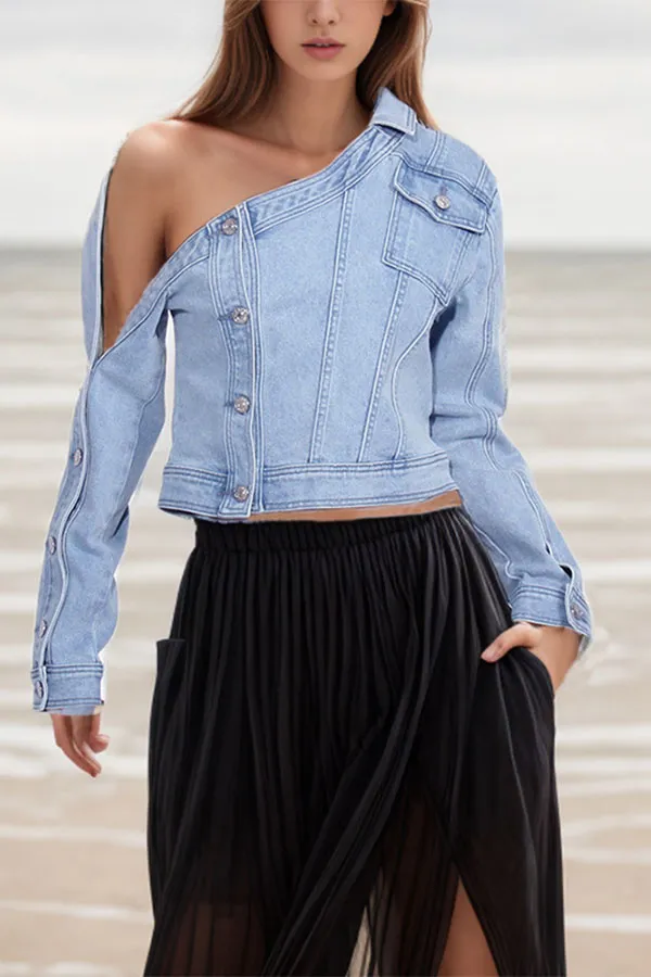 Blue Washed Denim Slash Neck Jacket